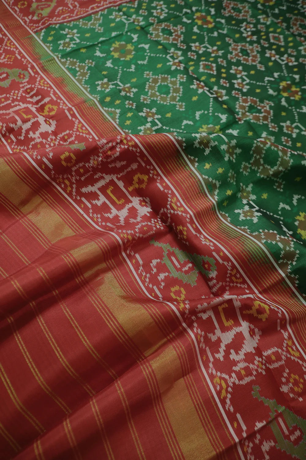 Forest Green with Red Patola Silk Ikat Dupatta