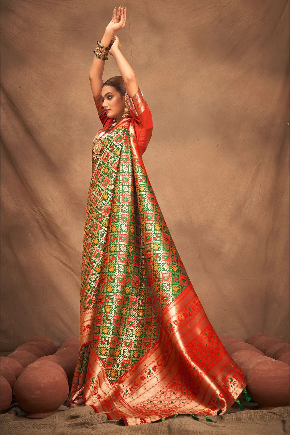 Hunter Green Mustard Patola Woven Silk Saree