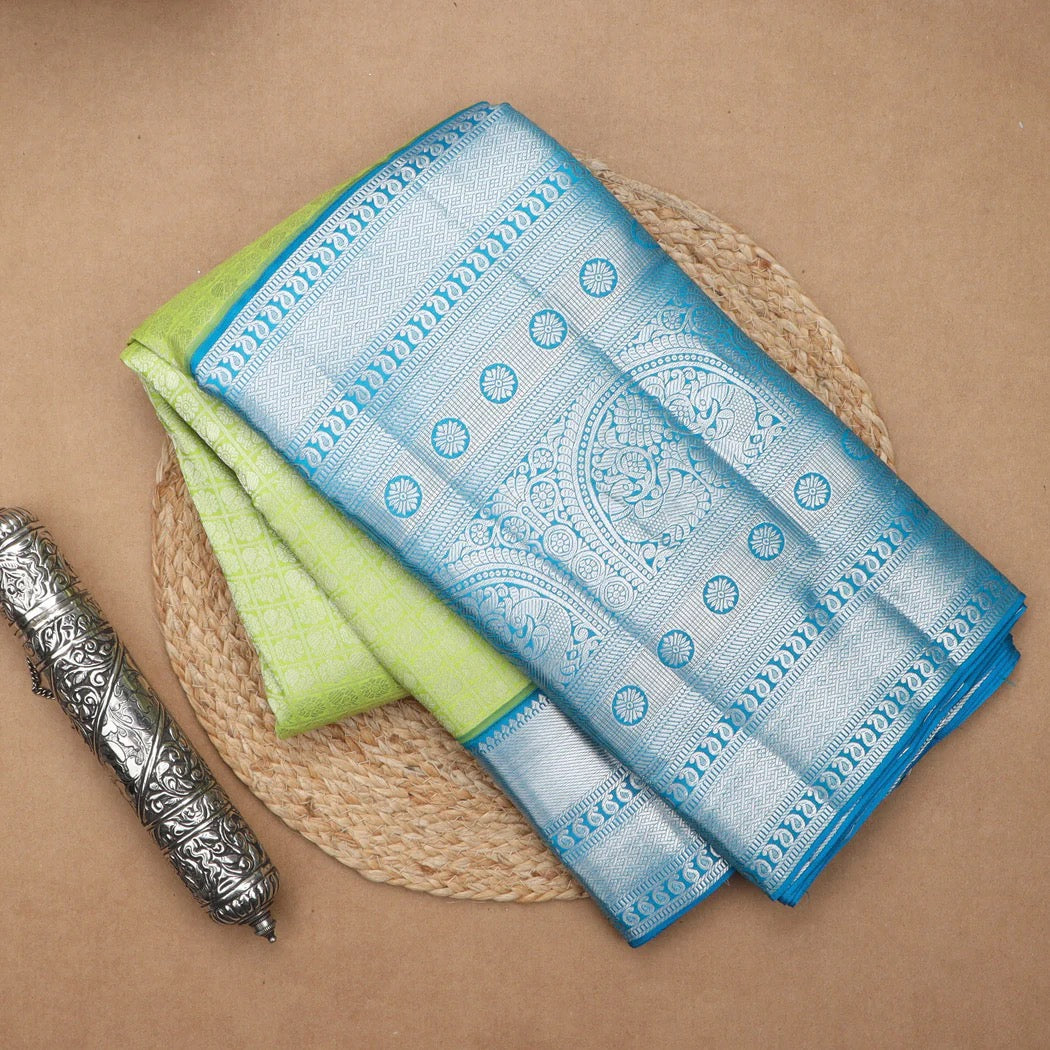 Light Green Kanjivaram Silk Saree With Floral Motifs
