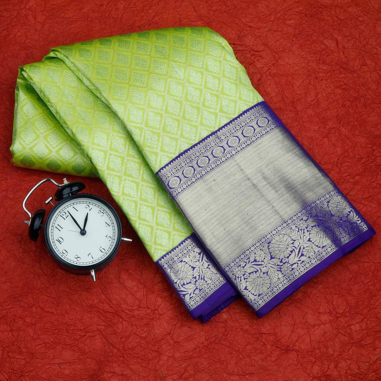 Bright Green Kanjivaram Silk Saree With Floral Pattern