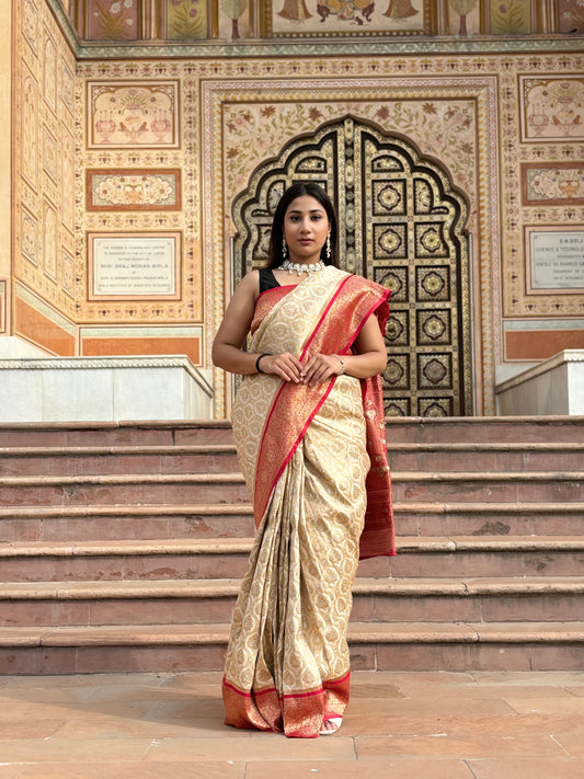 Cream Banarsi Silk With High Red Border Saree