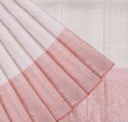Pale Pink White Kanjivaram Silk Saree With Floral Jaal Pattern