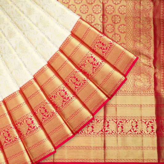 White Kanjivaram Silk Saree With Floral Jaal Pattern
