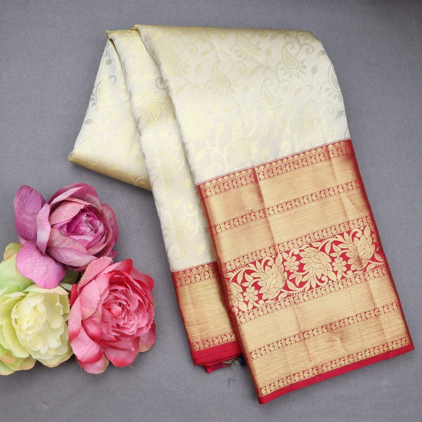 White Kanjivaram Silk Saree With Floral Jaal Pattern