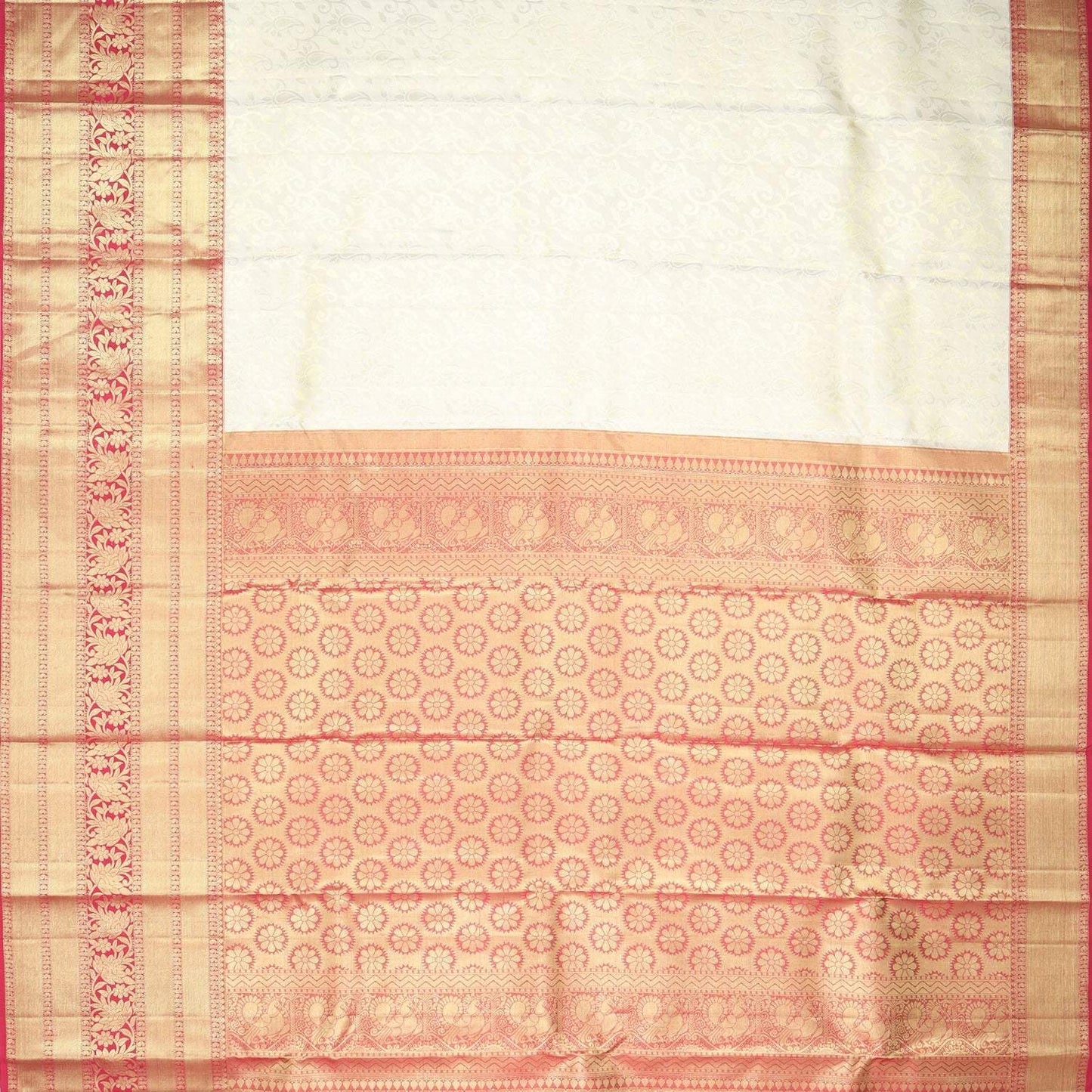 White Kanjivaram Silk Saree With Floral Jaal Pattern
