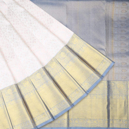 Cloud White Kanjivaram Silk Saree With Floral Motifs Pattern