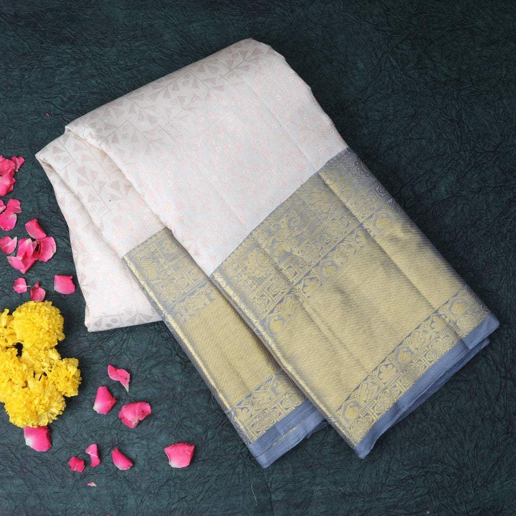 Cloud White Kanjivaram Silk Saree With Floral Motifs Pattern