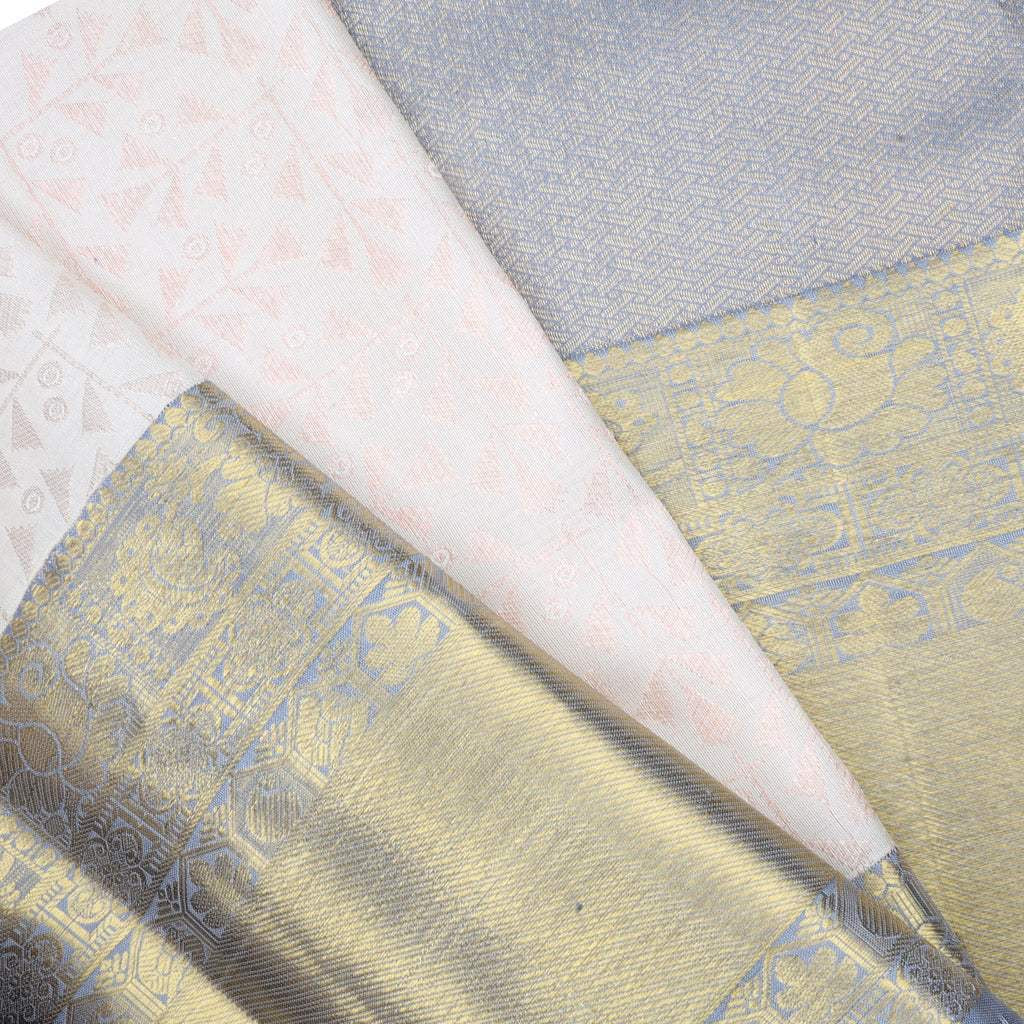 Cloud White Kanjivaram Silk Saree With Floral Motifs Pattern