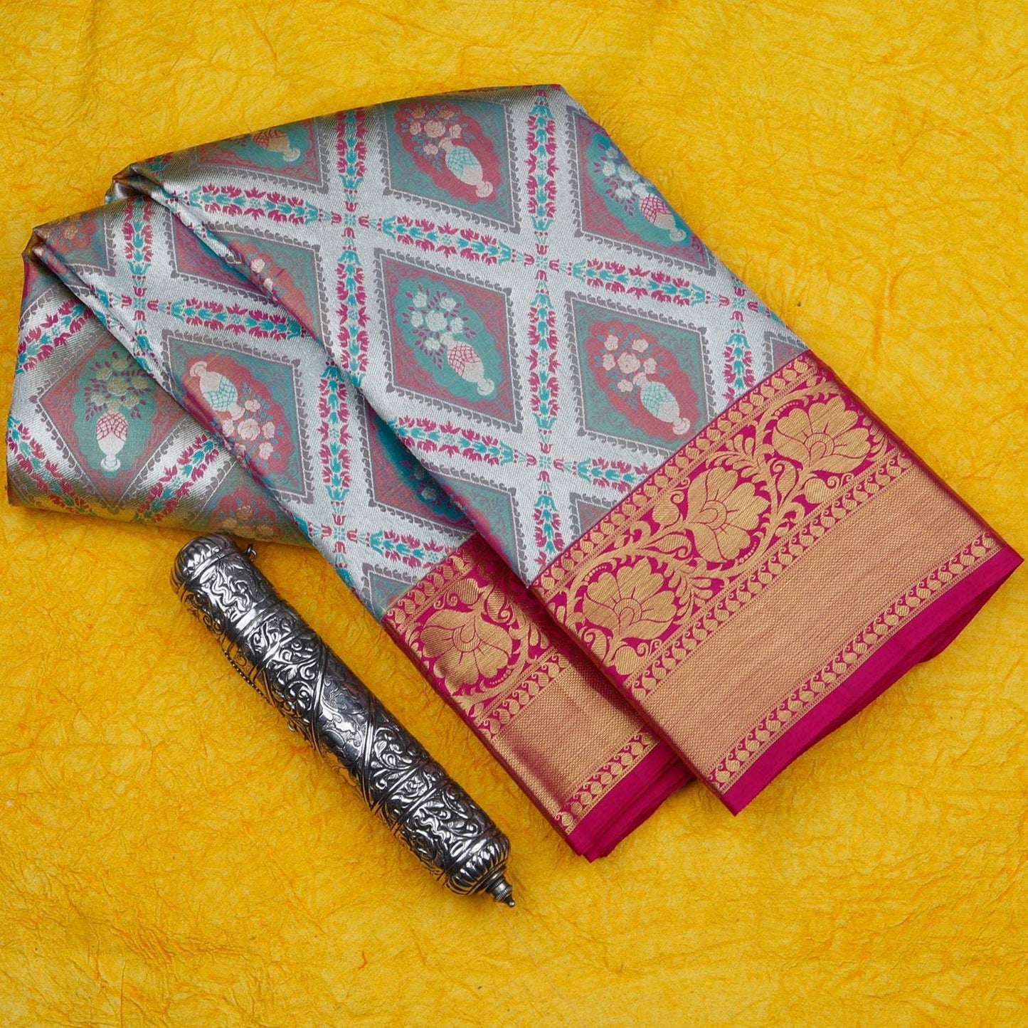Cloud White Kanjivaram Silk Saree With Floral Motif Pattern