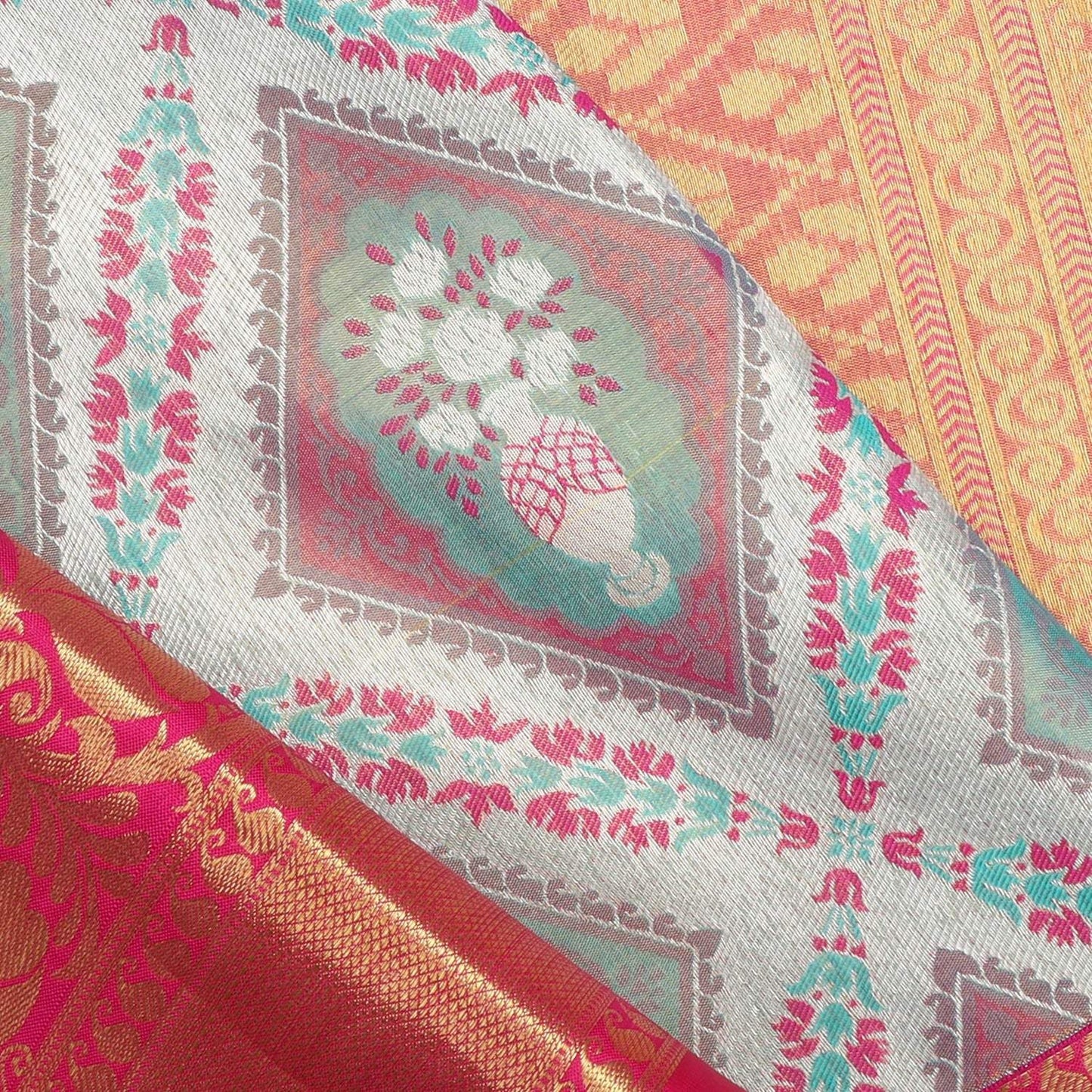 Cloud White Kanjivaram Silk Saree With Floral Motif Pattern