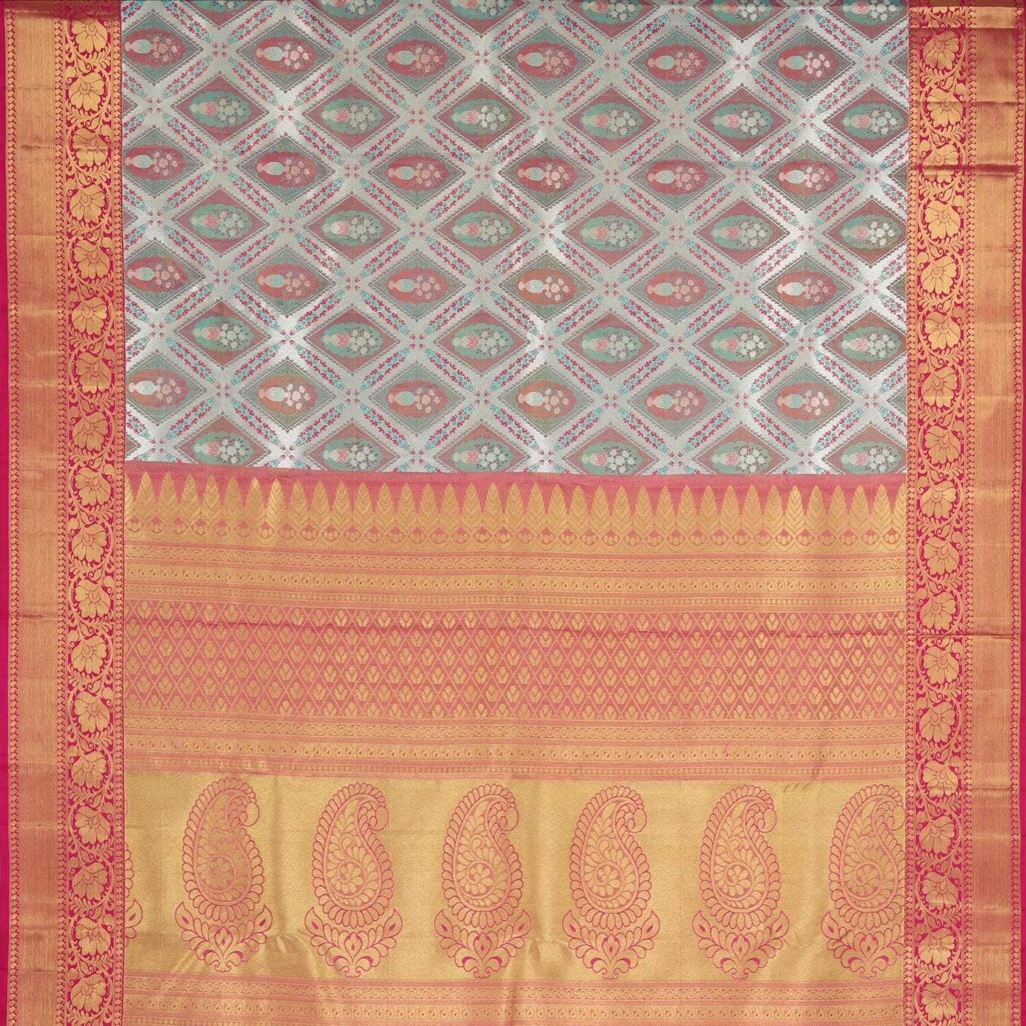 Cloud White Kanjivaram Silk Saree With Floral Motif Pattern