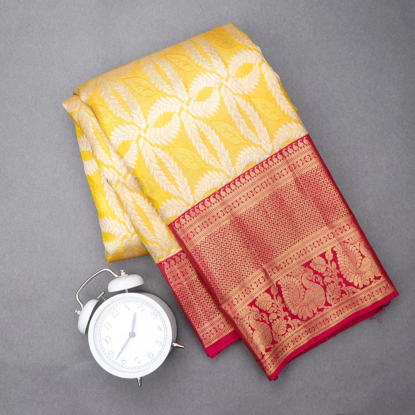 Bright Yellow Kanjivaram Silk Saree With Floral Pattern