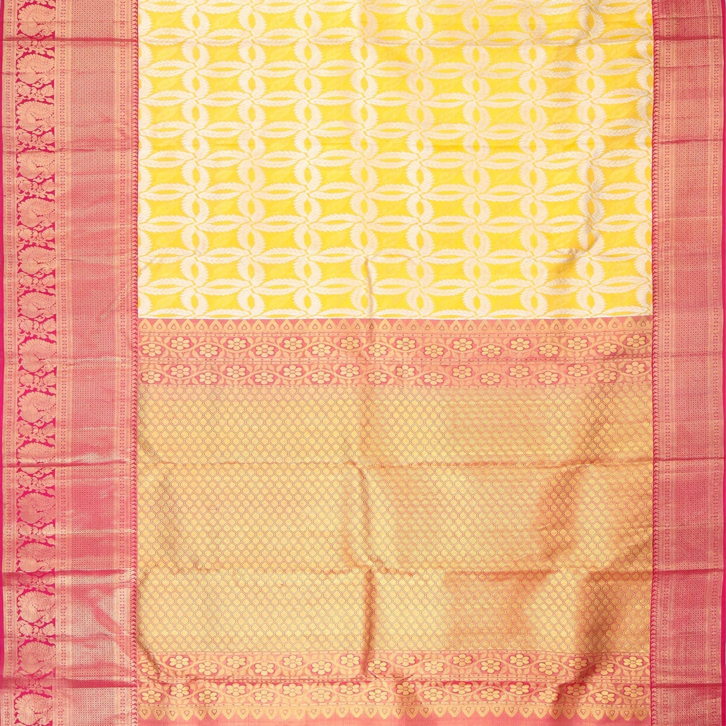 Bright Yellow Kanjivaram Silk Saree With Floral Pattern