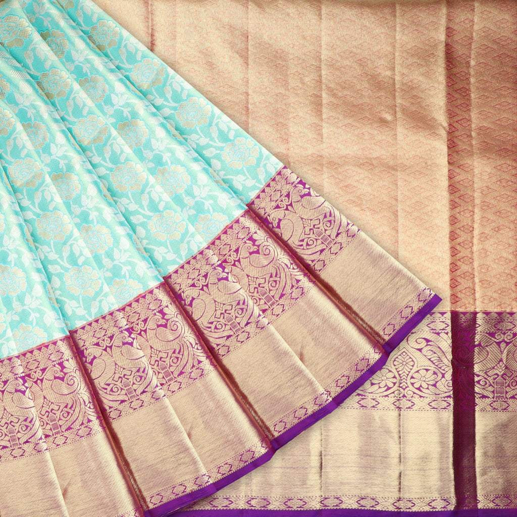 Light Sky Blue Kanjivaram Silk Saree With Jaal Design