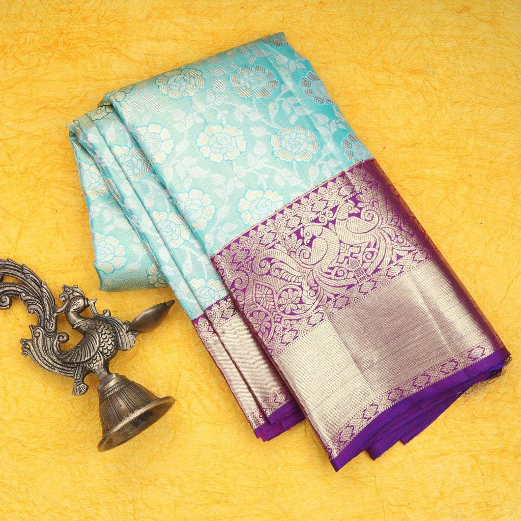 Light Sky Blue Kanjivaram Silk Saree With Jaal Design