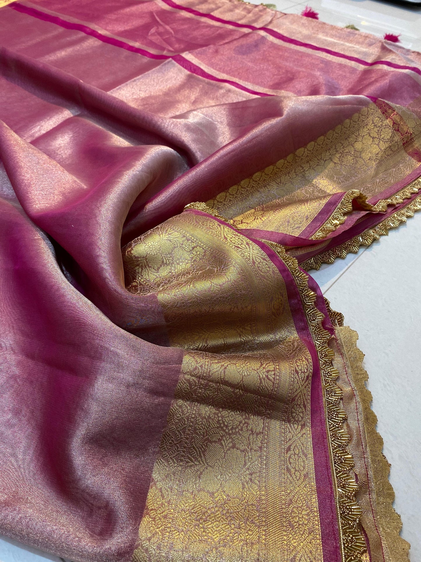 Banarasi Tissue Silk Saree With Heavy Lace Work Running blouse