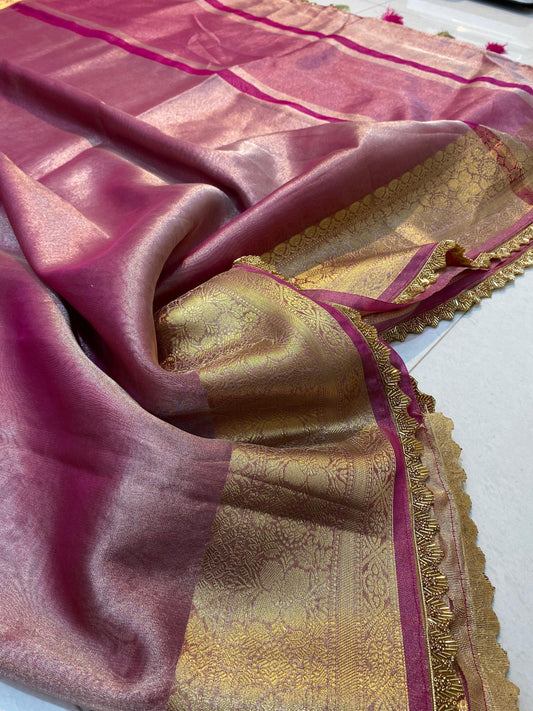 Banarasi Tissue Silk Saree With Heavy Lace Work Running blouse