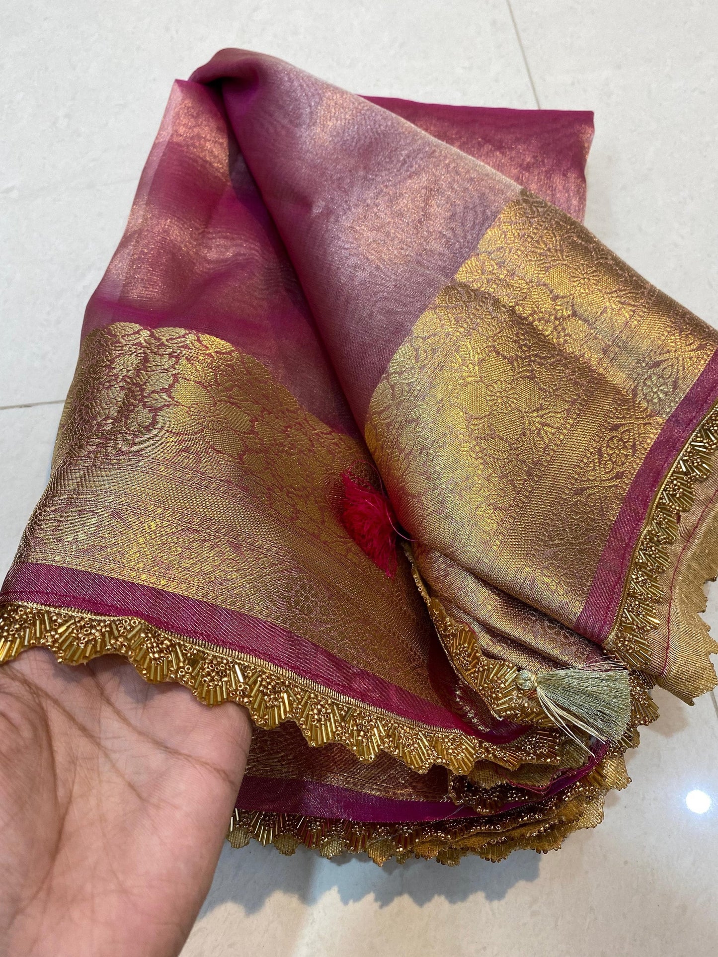 Banarasi Tissue Silk Saree With Heavy Lace Work Running blouse