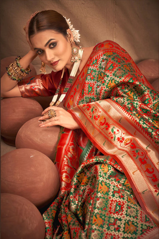 Hunter Green Mustard Patola Woven Silk Saree