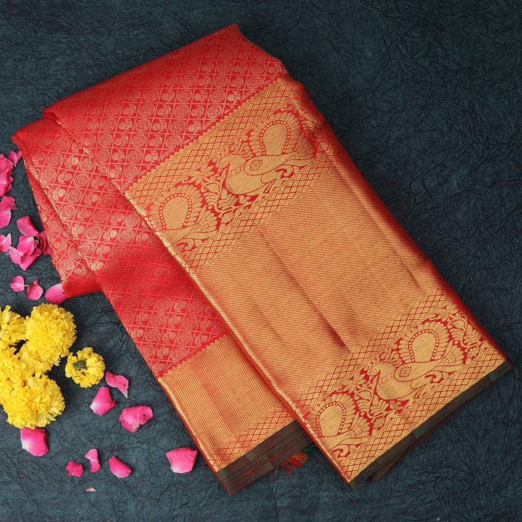 Red Kanjivaram Silk Saree With Floral And Mayil Buttis