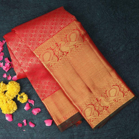 Red Kanjivaram Silk Saree With Floral And Mayil Buttis